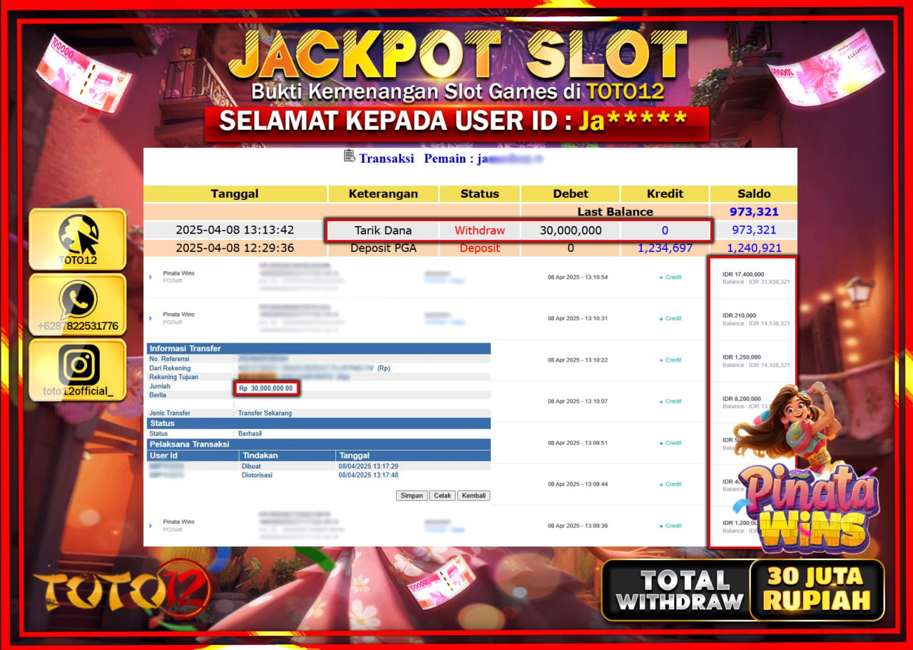 HANYA DI TOTO12 JP PASTI DI BAYAR LUNAS DAN CEPAT!!!!!! JACKPOT SLOT GAME (PINATA WINS) Rp.30.000.000 !!!!