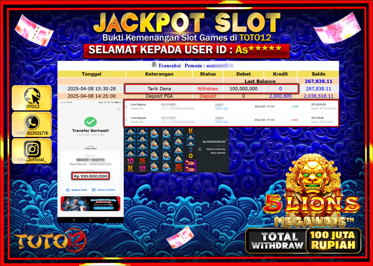 HANYA DI TOTO12 JP PASTI DI BAYAR LUNAS DAN CEPAT!!!!!! JACKPOT SLOT GAME (5 LIONS MAGAWAYS) Rp.100.000.000 !!!!