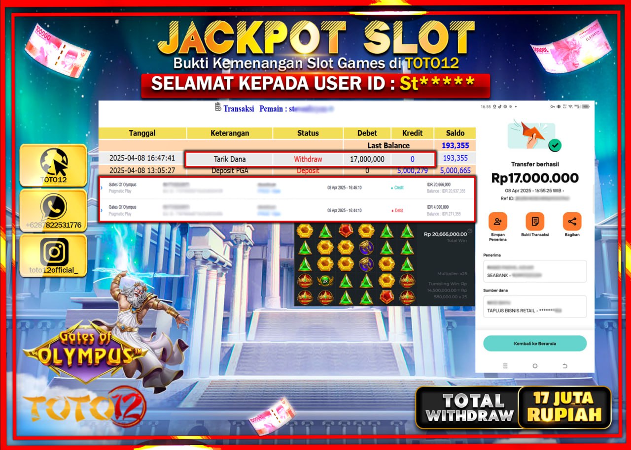 HANYA DI TOTO12 JP PASTI DI BAYAR LUNAS DAN CEPAT!!!!!! JACKPOT SLOT GAME (GATES OF OLYMPUS) Rp.17.000.000 !!!!