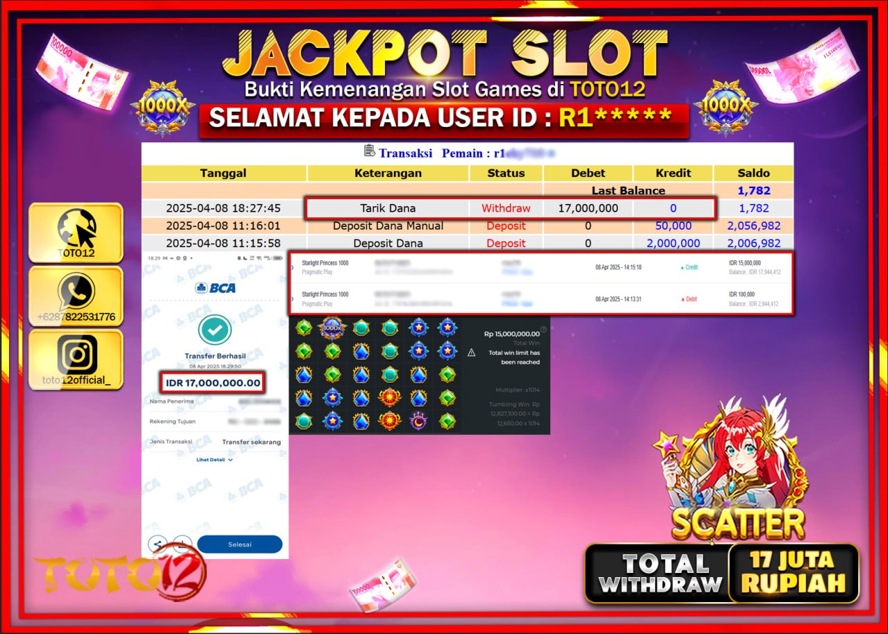 HANYA DI TOTO12 JP PASTI DI BAYAR LUNAS DAN CEPAT!!!!!! JACKPOT SLOT GAME (STARLIGHT PRINCESS 1000) Rp.17.000.000 !!!!