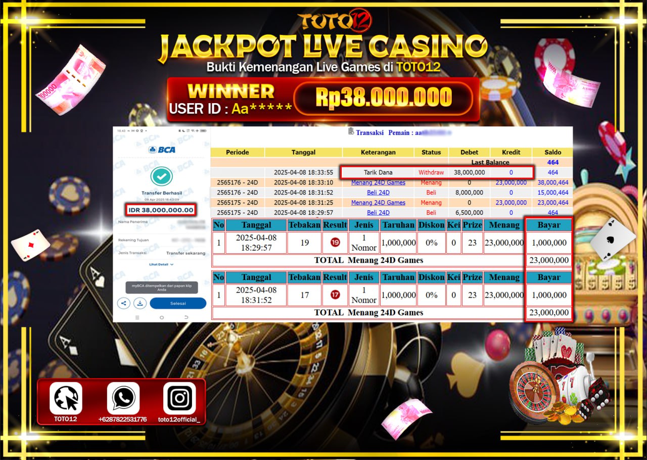 HANYA DI TOTO12 JP PASTI DI BAYAR LUNAS DAN CEPAT!!!!!! JACKPOT LIVE GAMES CASINO (24D) Rp.38.000.000 !!!!