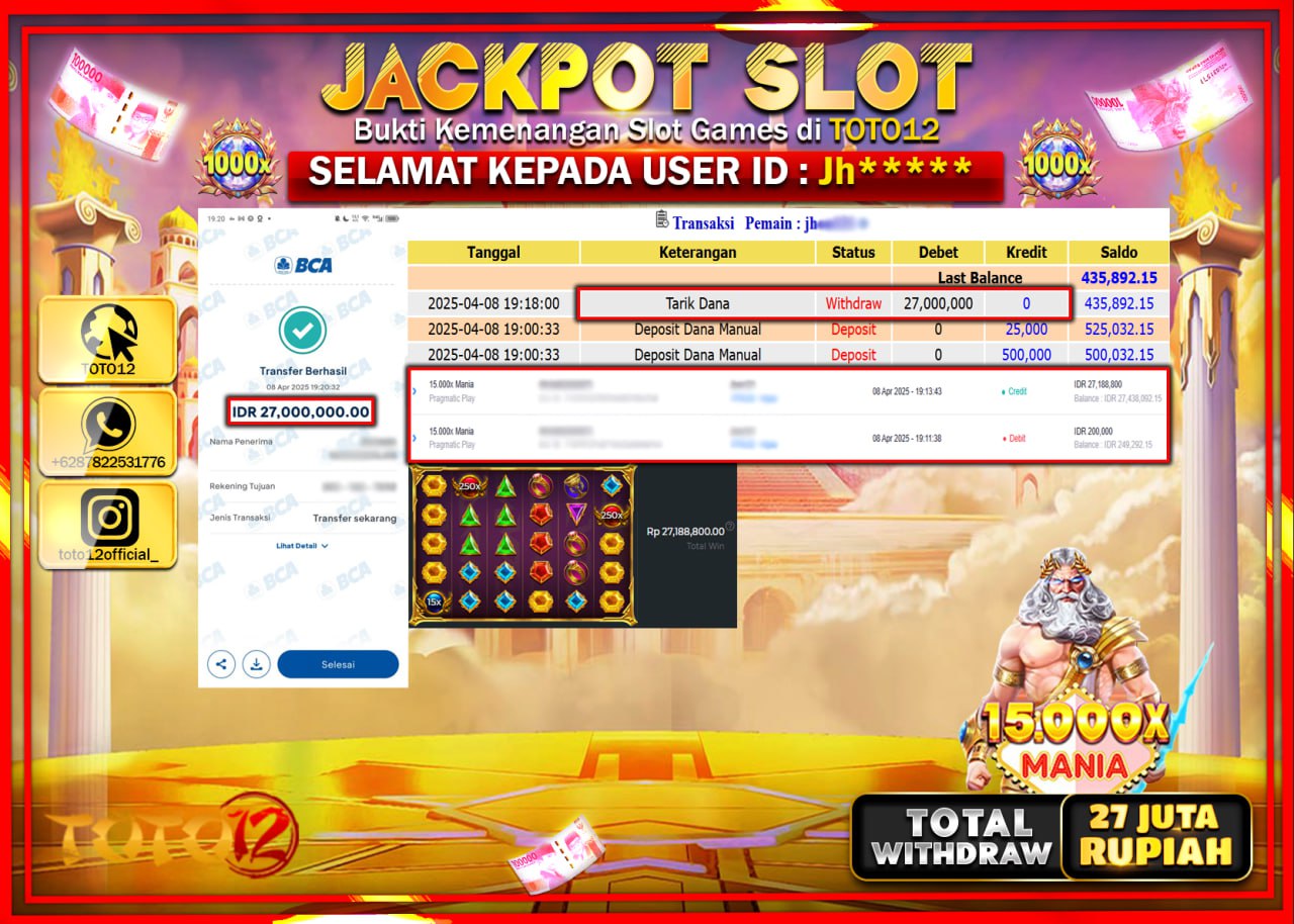 HANYA DI TOTO12 JP PASTI DI BAYAR LUNAS DAN CEPAT!!!!!! JACKPOT SLOT GAME (15.000X MANIA) Rp.27.000.000 !!!!