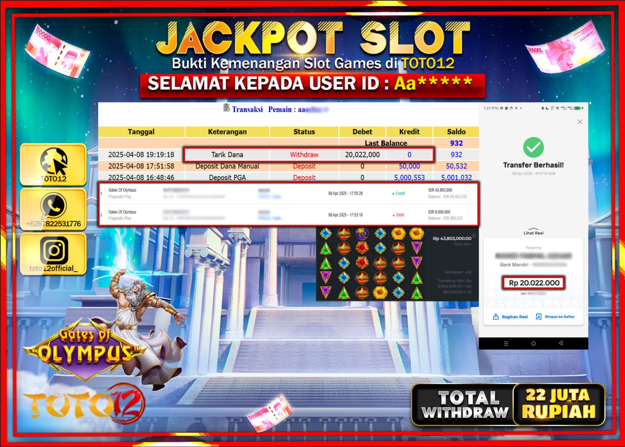 HANYA DI TOTO12 JP PASTI DI BAYAR LUNAS DAN CEPAT!!!!!! JACKPOT SLOT GAME (GATES OF OLYMPUS) Rp.22.000.000 !!!!