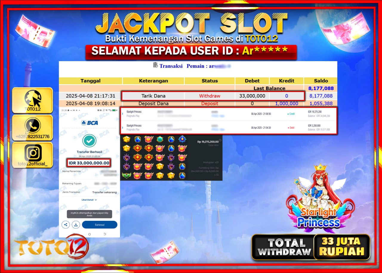 HANYA DI TOTO12 JP PASTI DI BAYAR LUNAS DAN CEPAT!!!!!! JACKPOT SLOT GAME (STARLIGHT PRINCESS) Rp.33.000.000 !!!!