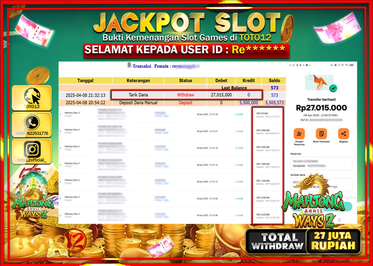 HANYA DI TOTO12 JP PASTI DI BAYAR LUNAS DAN CEPAT!!!!!! JACKPOT SLOT GAME (MAHJONG WAYS 2) Rp.27.000.000 !!!!