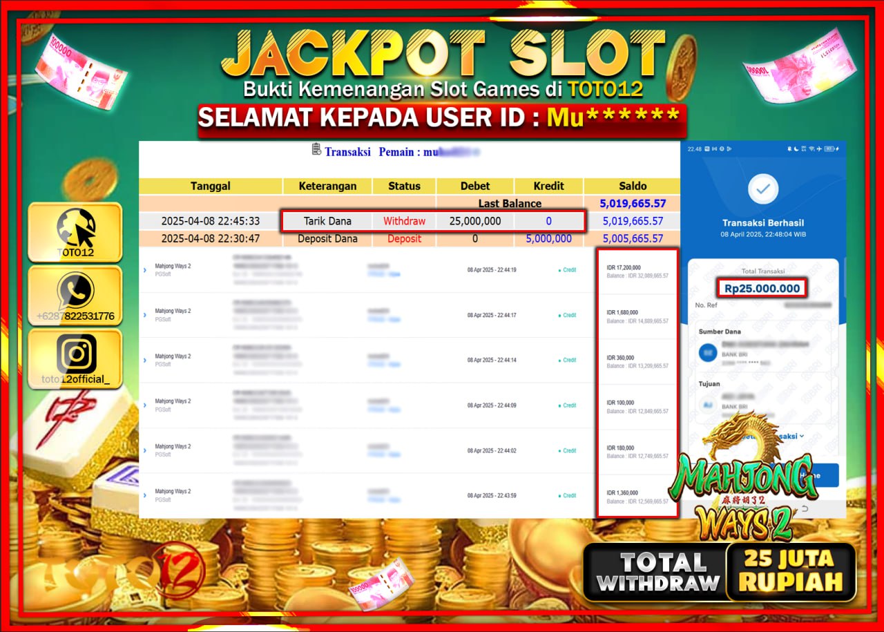 HANYA DI TOTO12 JP PASTI DI BAYAR LUNAS DAN CEPAT!!!!!! JACKPOT SLOT GAME (MAHJONG WAYS 2) Rp.25.000.000 !!!!