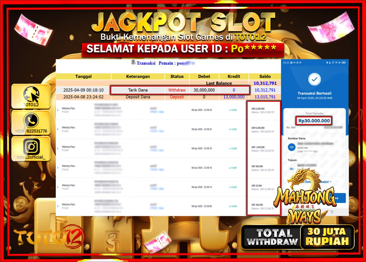 HANYA DI TOTO12 JP PASTI DI BAYAR LUNAS DAN CEPAT!!!!!! JACKPOT SLOT GAME (MAHJONG WAYS) Rp.30.000.000 !!!!