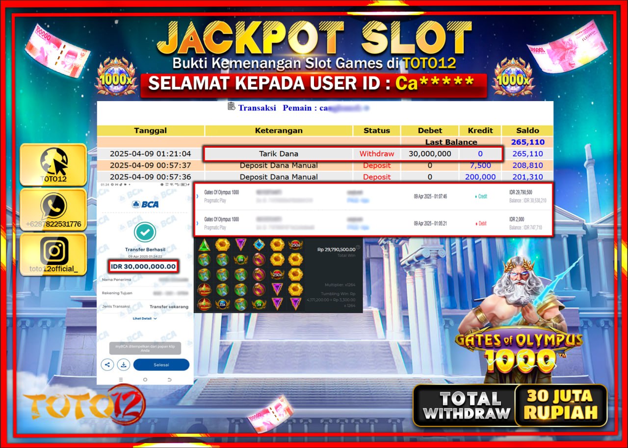 HANYA DI TOTO12 JP PASTI DI BAYAR LUNAS DAN CEPAT!!!!!! JACKPOT SLOT GAME (GATES OF OLYMPUS 1000) Rp.30.000.000 !!!!