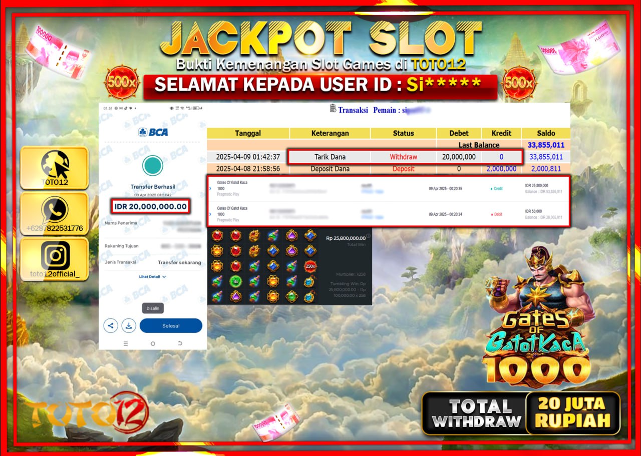 HANYA DI TOTO12 JP PASTI DI BAYAR LUNAS DAN CEPAT!!!!!! JACKPOT SLOT GAME (GATES OF GATOT KACA 1000) Rp.20.000.000 !!!!