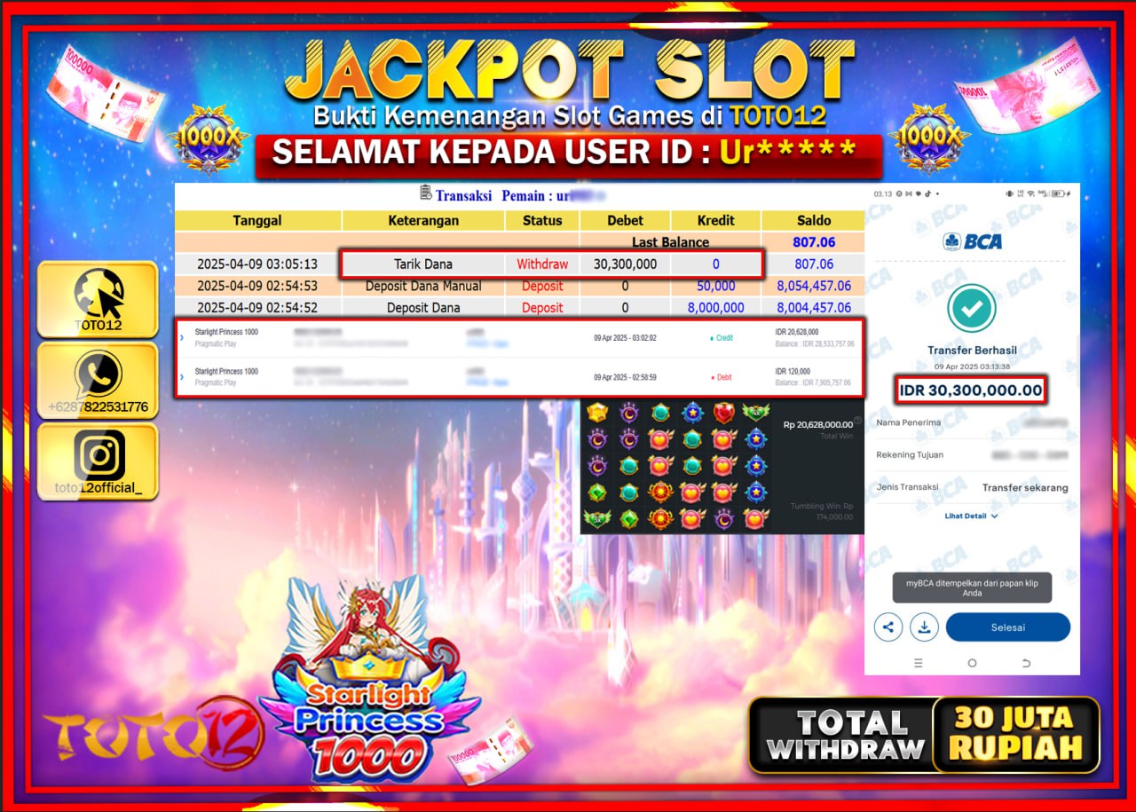 HANYA DI TOTO12 JP PASTI DI BAYAR LUNAS DAN CEPAT!!!!!! JACKPOT SLOT GAME (STARLIGHT PRINCESS 1000) Rp.30.000.000 !!!!