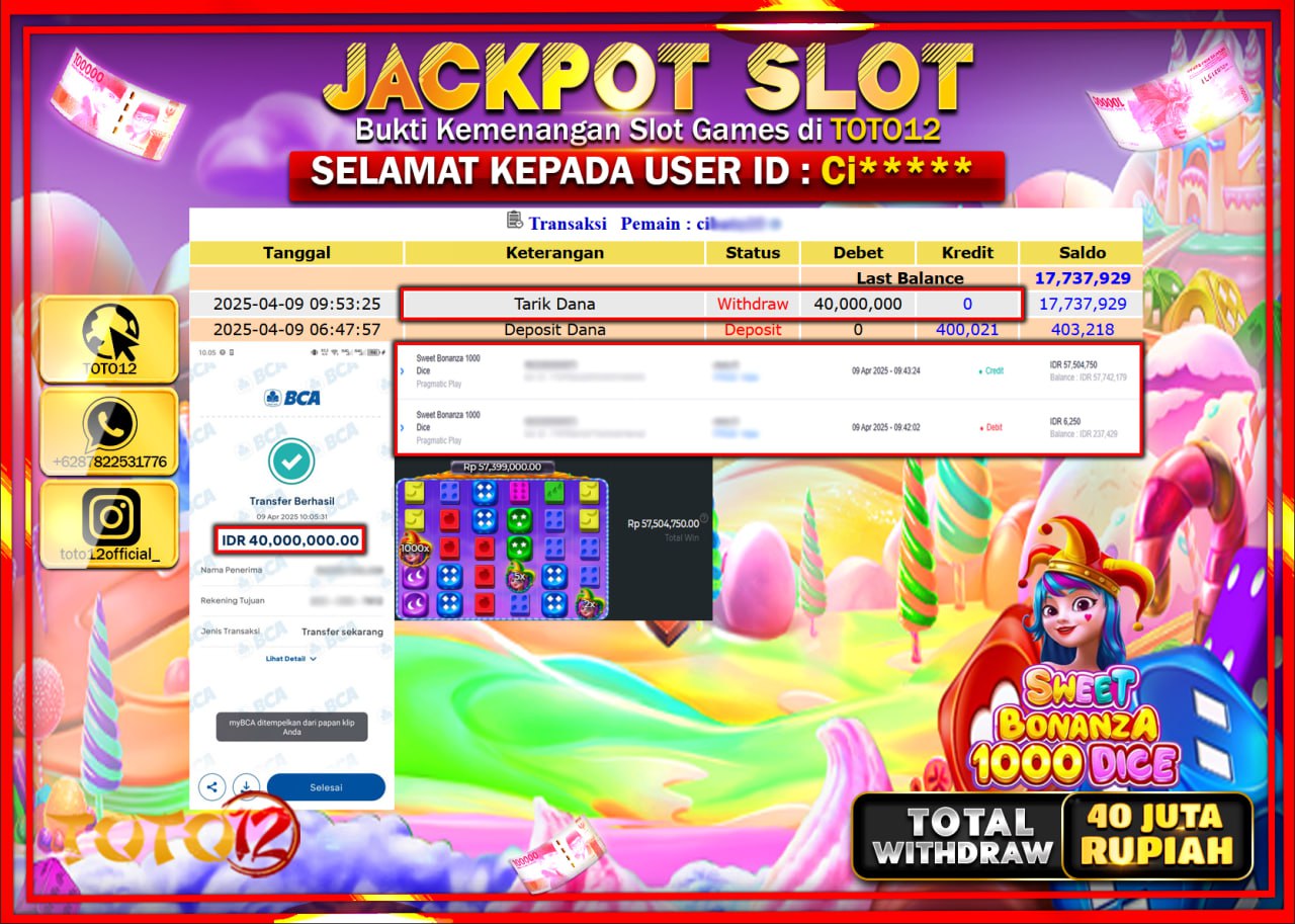 HANYA DI TOTO12 JP PASTI DI BAYAR LUNAS DAN CEPAT!!!!!! JACKPOT SLOT GAME (SWEET BONANZA 1000 DICE) Rp.40.000.000 !!!!
