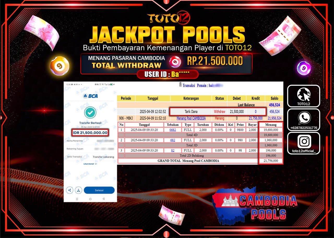 HANYA DI TOTO12 JP PASTI DI BAYAR LUNAS DAN CEPAT!!!!!! JACKPOT POOLS PASARAN (CAMBODIA) Rp.21.500.000 !!!!