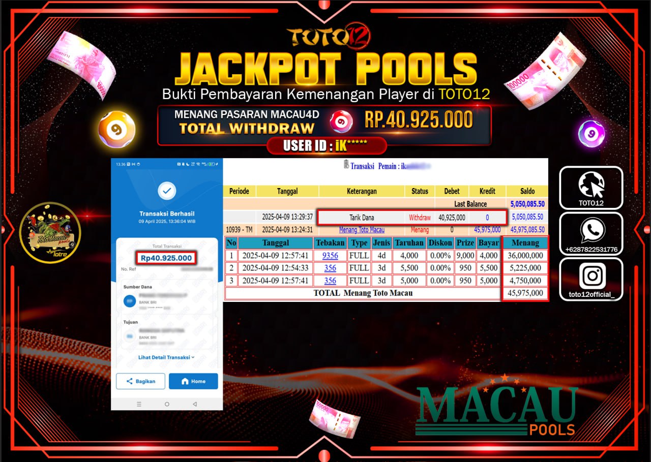 HANYA DI TOTO12 JP PASTI DI BAYAR LUNAS DAN CEPAT!!!!!! JACKPOT POOLS PASARAN (TOTO MACAU4D) Rp.40.925.000 !!!!
