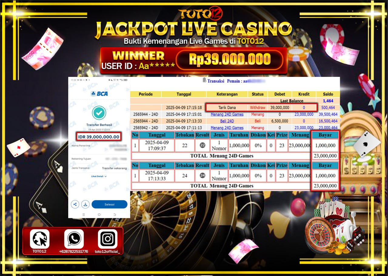 HANYA DI TOTO12 JP PASTI DI BAYAR LUNAS DAN CEPAT!!!!!! JACKPOT LIVE GAMES CASINO (24D) Rp.39.000.000 !!!!