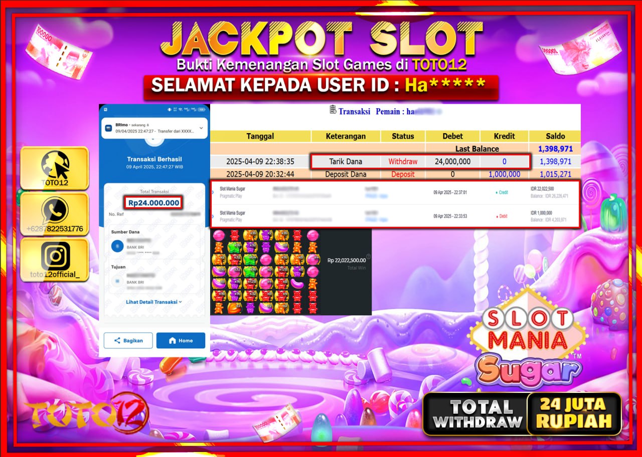 HANYA DI TOTO12 JP PASTI DI BAYAR LUNAS DAN CEPAT!!!!!! JACKPOT SLOT GAME (SLOT MANIA SUGAR) Rp.24.000.000 !!!!