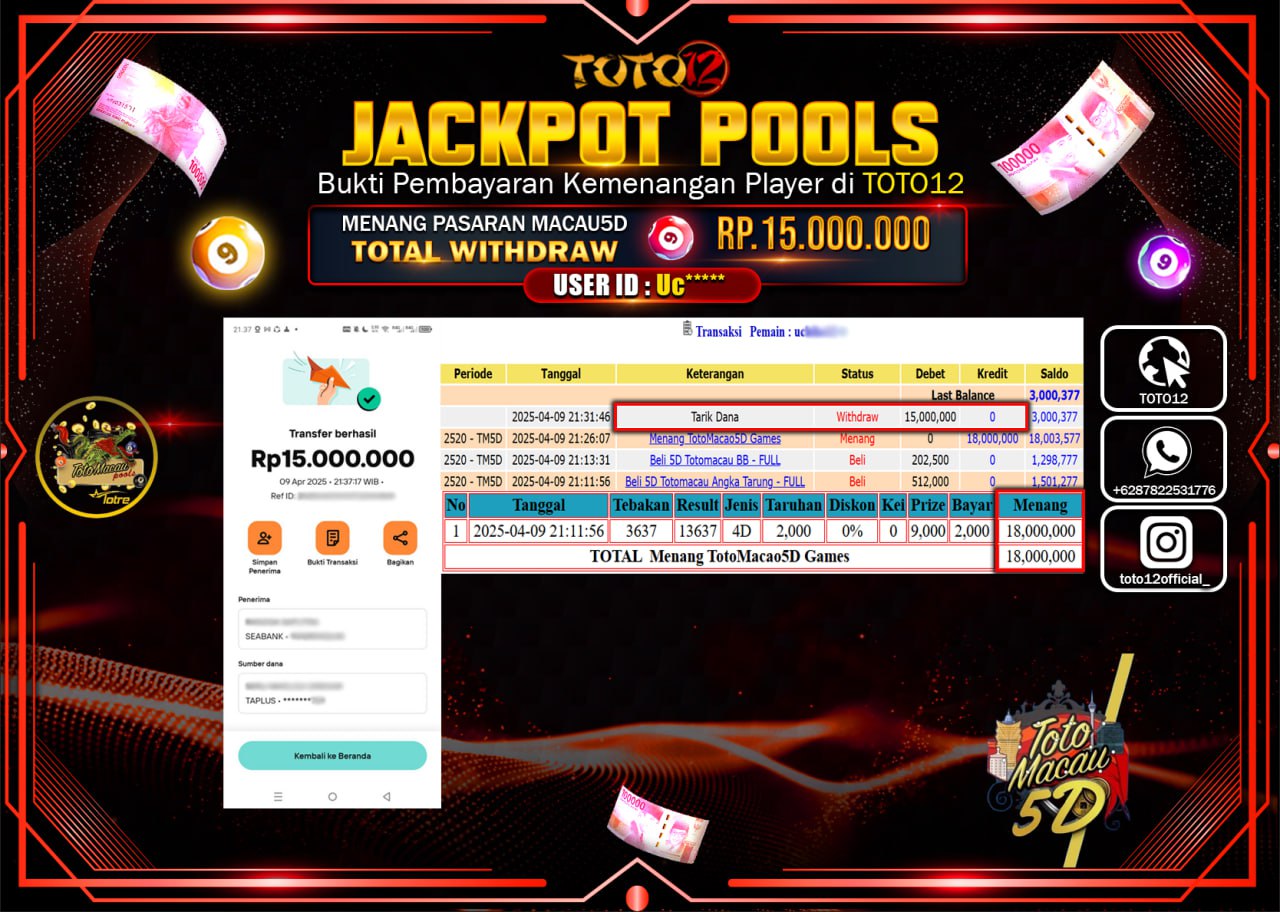 HANYA DI TOTO12 JP PASTI DI BAYAR LUNAS DAN CEPAT!!!!!! JACKPOT POOLS PASARAN (TOTO MACAU5D) Rp.15.000.000 !!!!