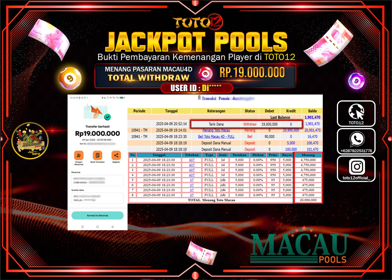 HANYA DI TOTO12 JP PASTI DI BAYAR LUNAS DAN CEPAT!!!!!! JACKPOT POOLS PASARAN (TOTO MACAU4D) Rp.19.000.000 !!!!