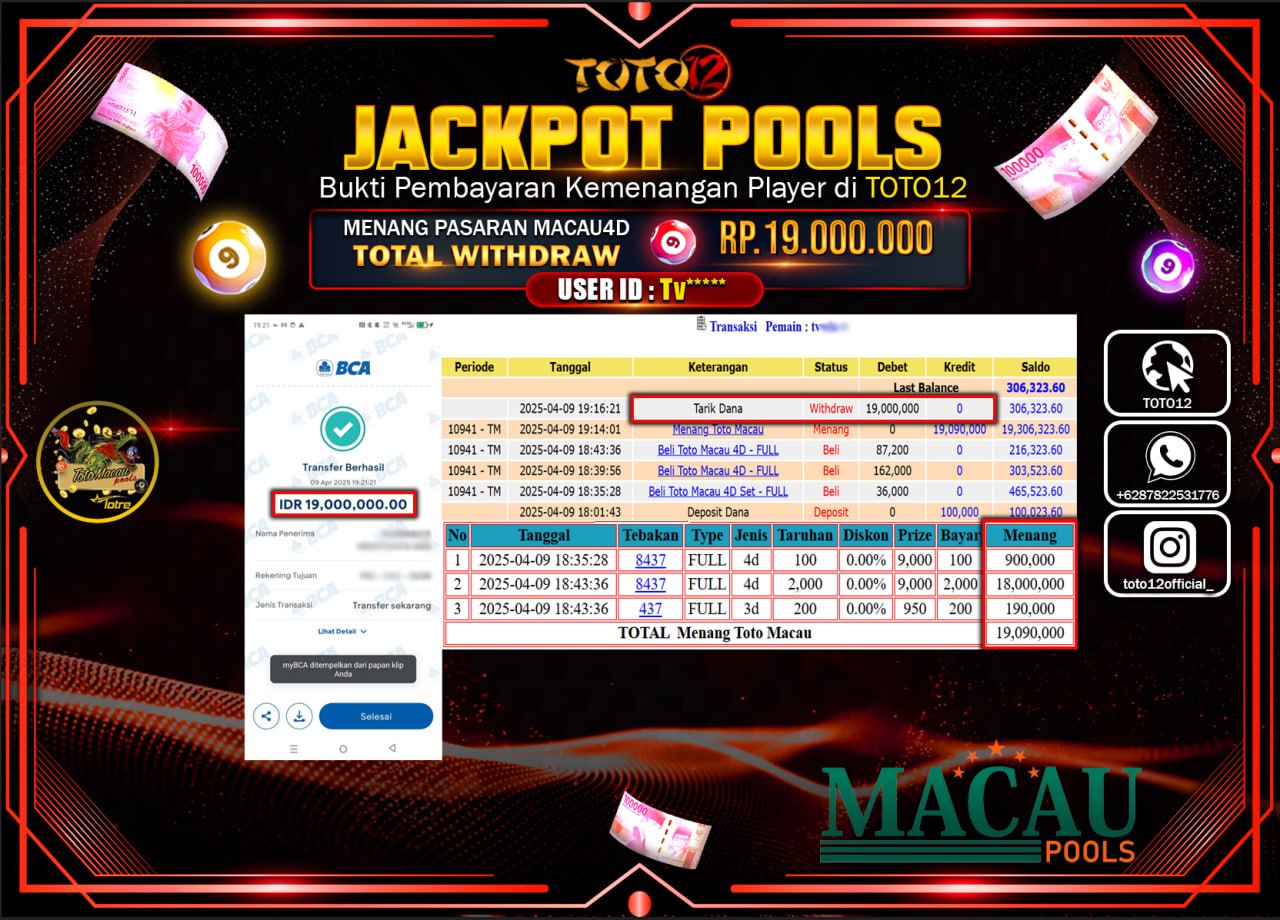 HANYA DI TOTO12 JP PASTI DI BAYAR LUNAS DAN CEPAT!!!!!! JACKPOT POOLS PASARAN (TOTO MACAU4D) Rp.19.000.000 !!!!