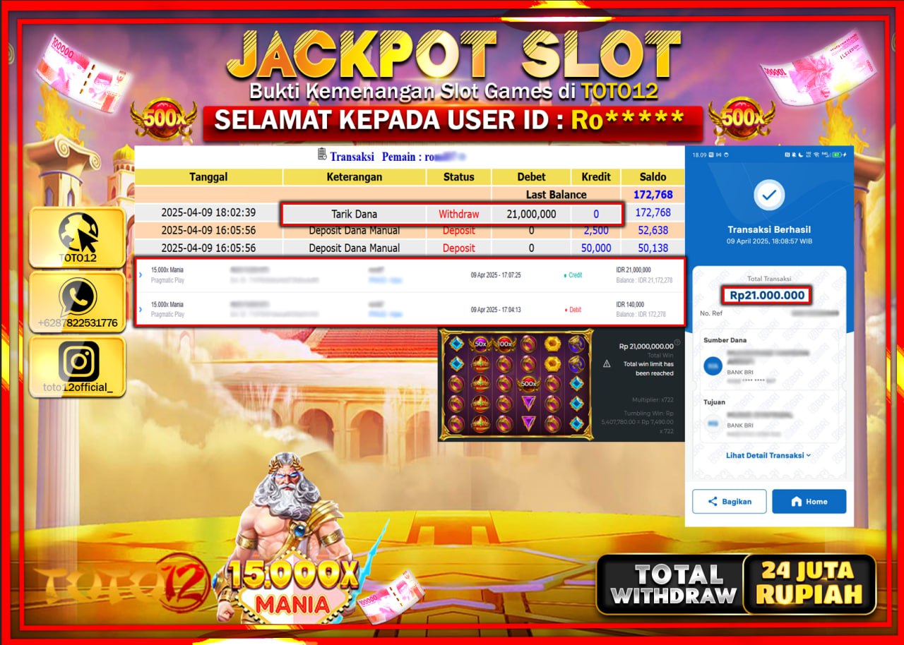 HANYA DI TOTO12 JP PASTI DI BAYAR LUNAS DAN CEPAT!!!!!! JACKPOT SLOT GAME (15.000X MANIA) Rp.24.000.000 !!!!