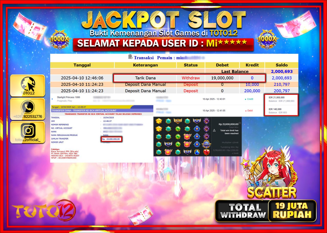 HANYA DI TOTO12 JP PASTI DI BAYAR LUNAS DAN CEPAT!!!!!! JACKPOT SLOT GAME (STARLIGHT PRINCESS 1000) Rp.19.000.000 !!!!