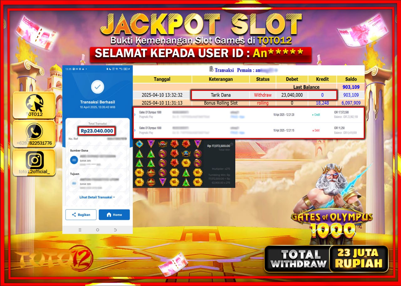 HANYA DI TOTO12 JP PASTI DI BAYAR LUNAS DAN CEPAT!!!!!! JACKPOT SLOT GAME (GATES OF OLYMPUS 1000) Rp.23.000.000 !!!!