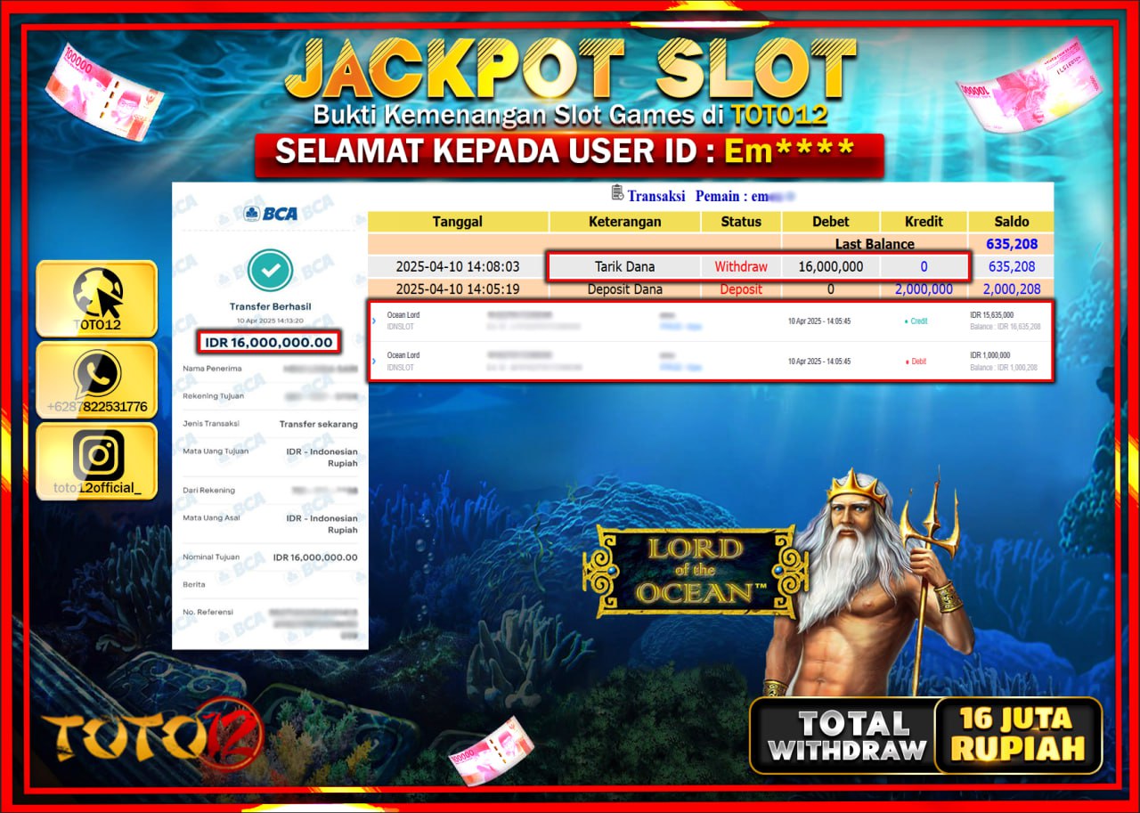 HANYA DI TOTO12 JP PASTI DI BAYAR LUNAS DAN CEPAT!!!!!! JACKPOT SLOT GAME (OCEAN LORD) Rp.16.000.000 !!!!