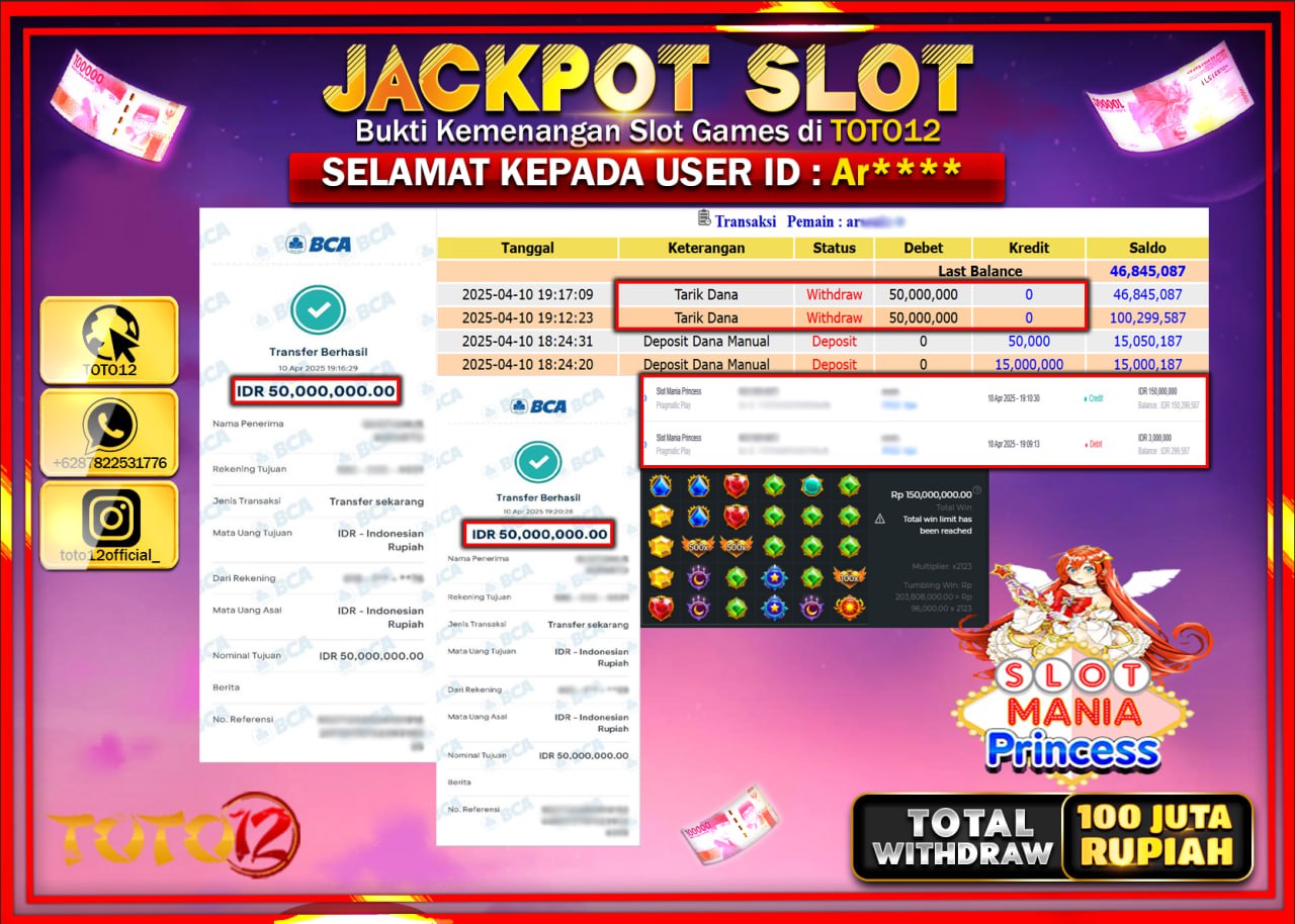 HANYA DI TOTO12 JP PASTI DI BAYAR LUNAS DAN CEPAT!!!!!! JACKPOT SLOT GAME (SLOT MANIA PRINCESS) Rp.100.000.000 !!!!