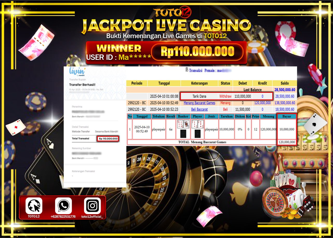 HANYA DI TOTO12 JP PASTI DI BAYAR LUNAS DAN CEPAT!!!!!! JACKPOT LIVE GAMES CASINO (BACCARAT) Rp.110.000.000 !!!!