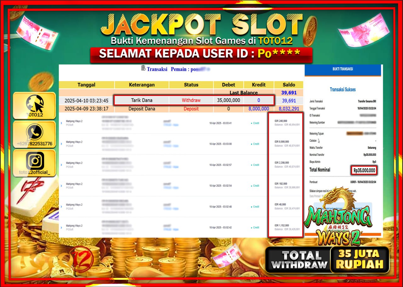 HANYA DI TOTO12 JP PASTI DI BAYAR LUNAS DAN CEPAT!!!!!! JACKPOT SLOT GAME (MAHJONG WAYS 2) Rp.35.000.000 !!!!
