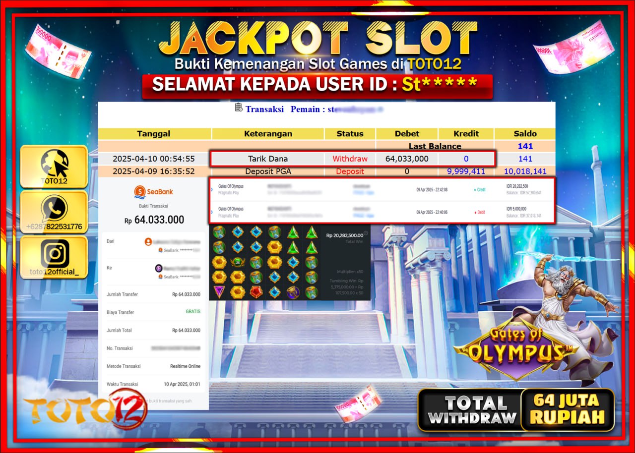 HANYA DI TOTO12 JP PASTI DI BAYAR LUNAS DAN CEPAT!!!!!! JACKPOT SLOT GAME (GATES OF OLYMPUS) Rp.64.000.000 !!!!