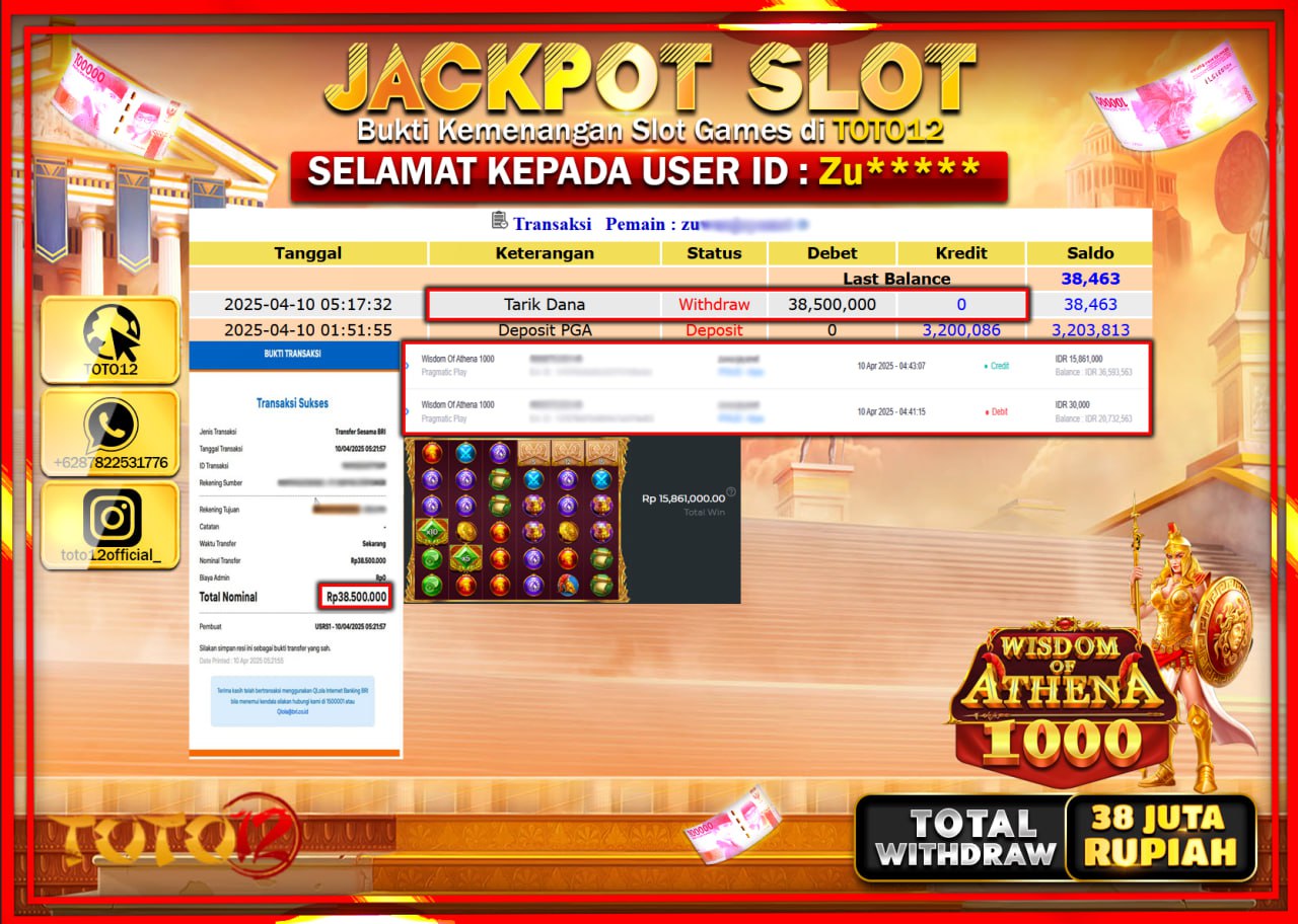HANYA DI TOTO12 JP PASTI DI BAYAR LUNAS DAN CEPAT!!!!!! JACKPOT SLOT GAME (WISDOM OF ATHENA 1000) Rp.38.000.000 !!!!
