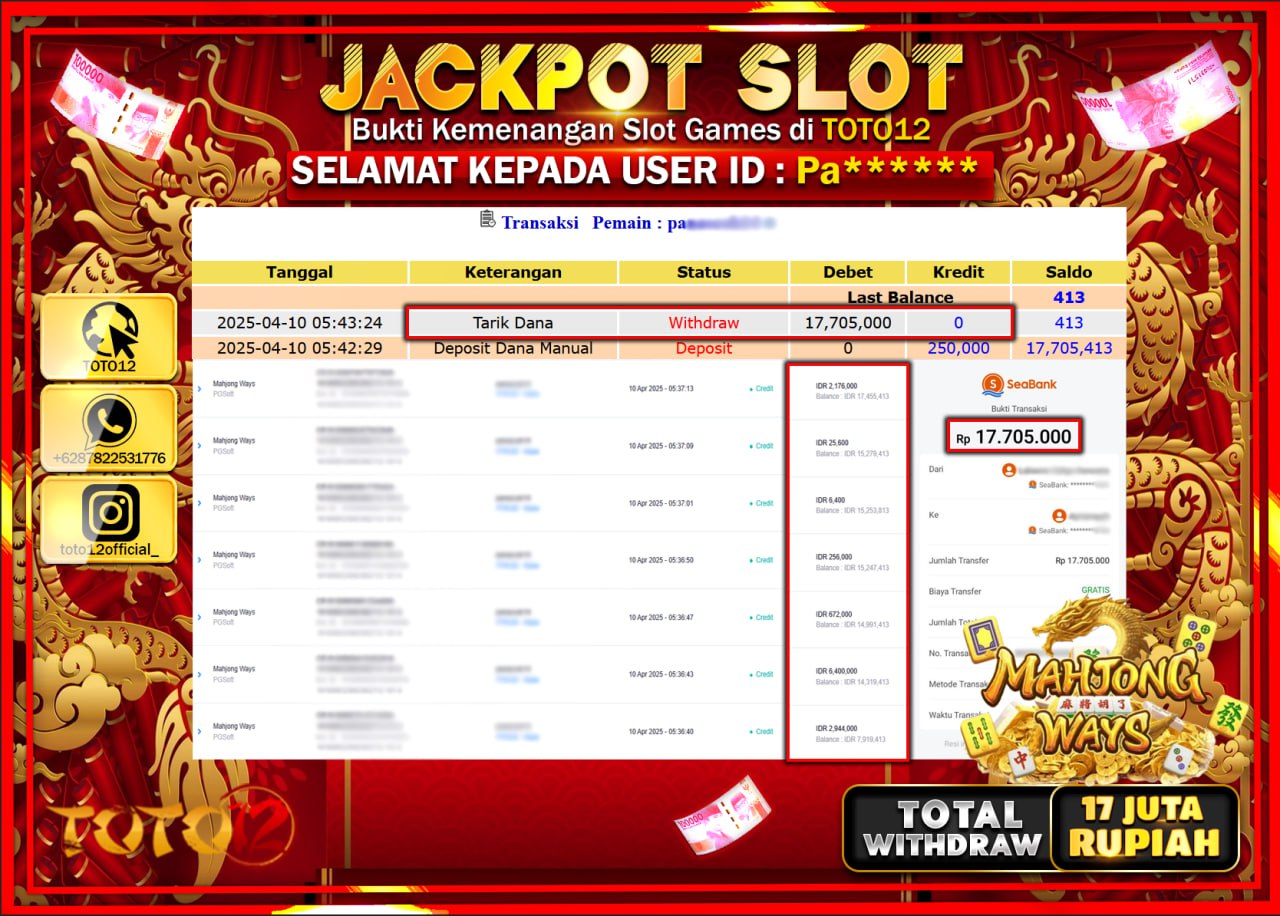 HANYA DI TOTO12 JP PASTI DI BAYAR LUNAS DAN CEPAT!!!!!! JACKPOT SLOT GAME (MAHJONG WAYS) Rp.17.000.000 !!!!