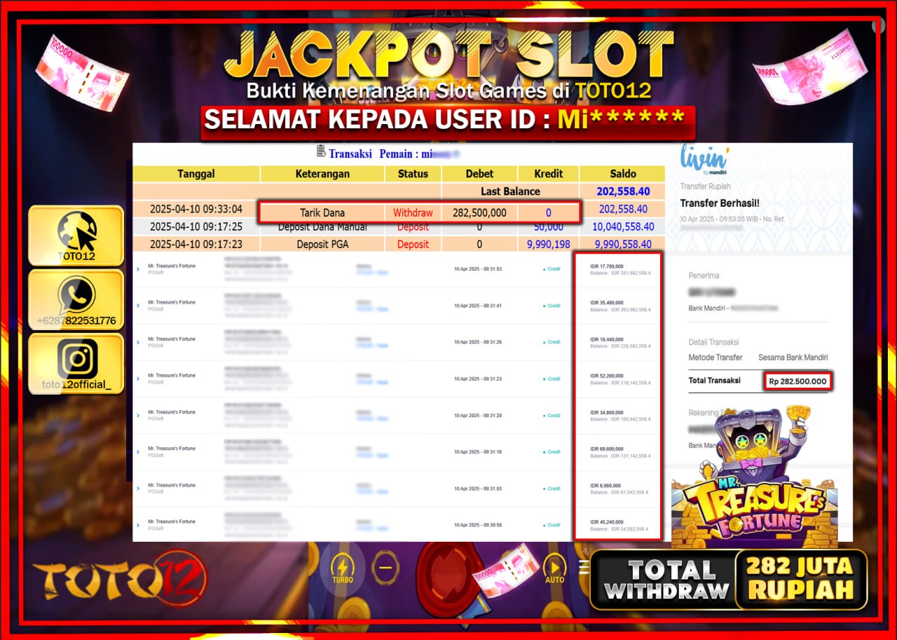 HANYA DI TOTO12 JP PASTI DI BAYAR LUNAS DAN CEPAT!!!!!! JACKPOT SLOT GAME (MR TRASURES FORTUNE) Rp.282.000.000 !!!!