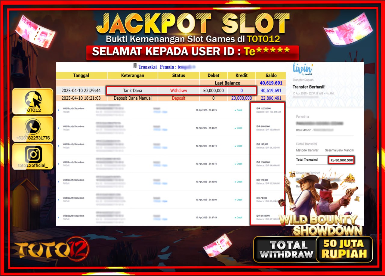HANYA DI TOTO12 JP PASTI DI BAYAR LUNAS DAN CEPAT!!!!!! JACKPOT SLOT GAME (WILD BOUNTY SHOWDOWN) Rp.50.000.000 !!!!
