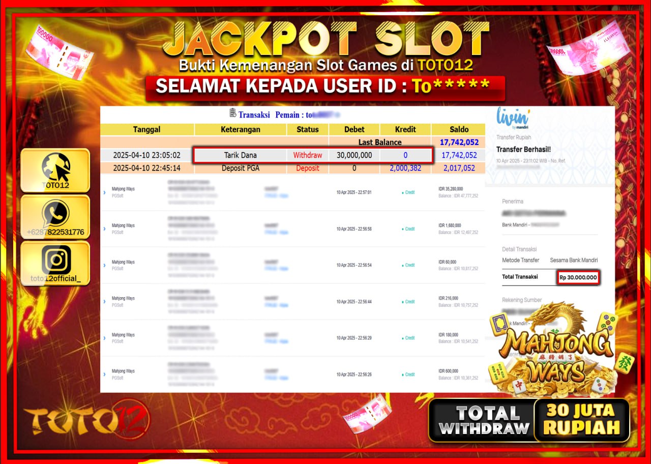 HANYA DI TOTO12 JP PASTI DI BAYAR LUNAS DAN CEPAT!!!!!! JACKPOT SLOT GAME (MAHJONG WAYS) Rp.30.000.000 !!!!