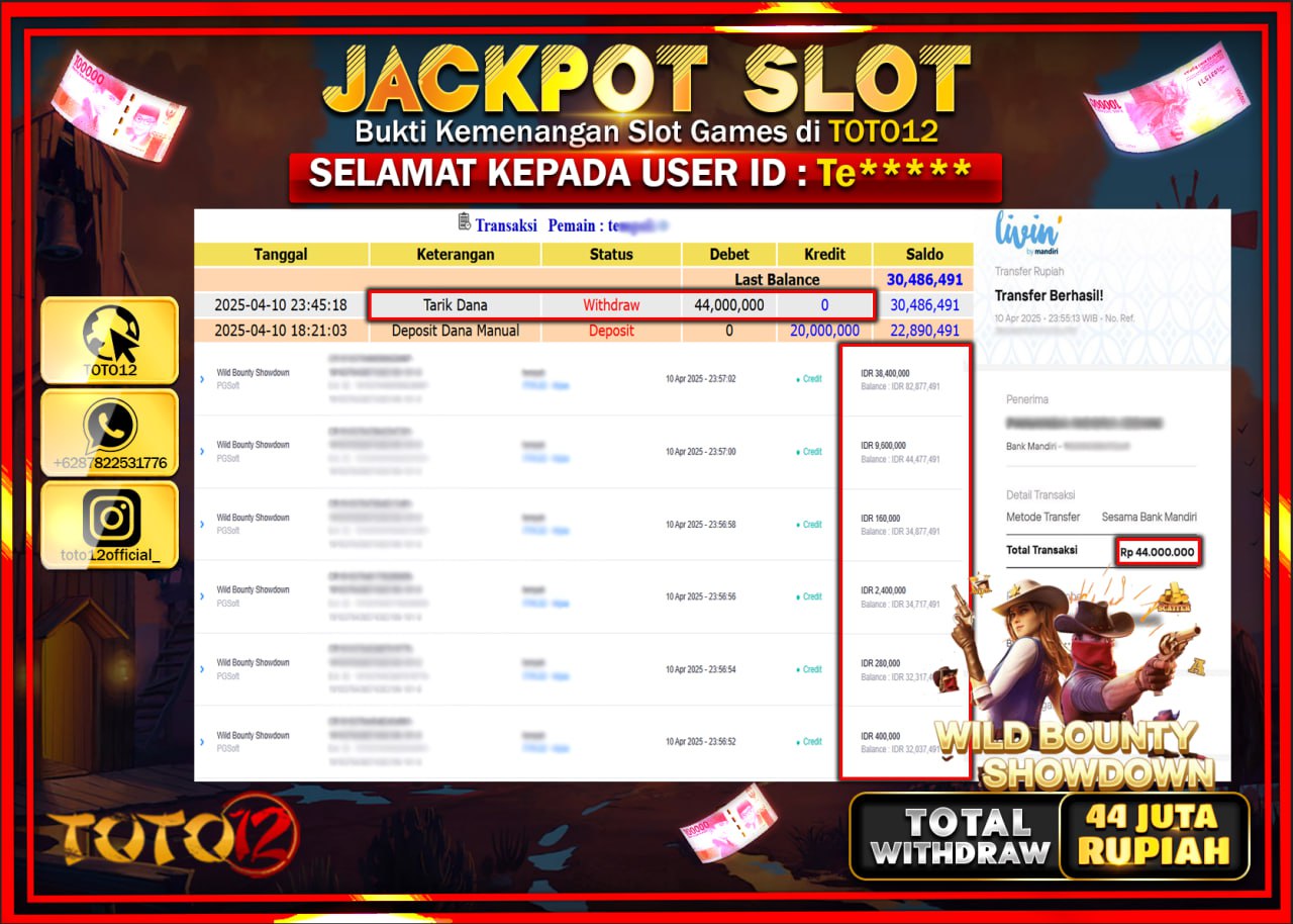 HANYA DI TOTO12 JP PASTI DI BAYAR LUNAS DAN CEPAT!!!!!! JACKPOT SLOT GAME (WILD BOUNTY SHOWDOWN) Rp.44.000.000 !!!!
