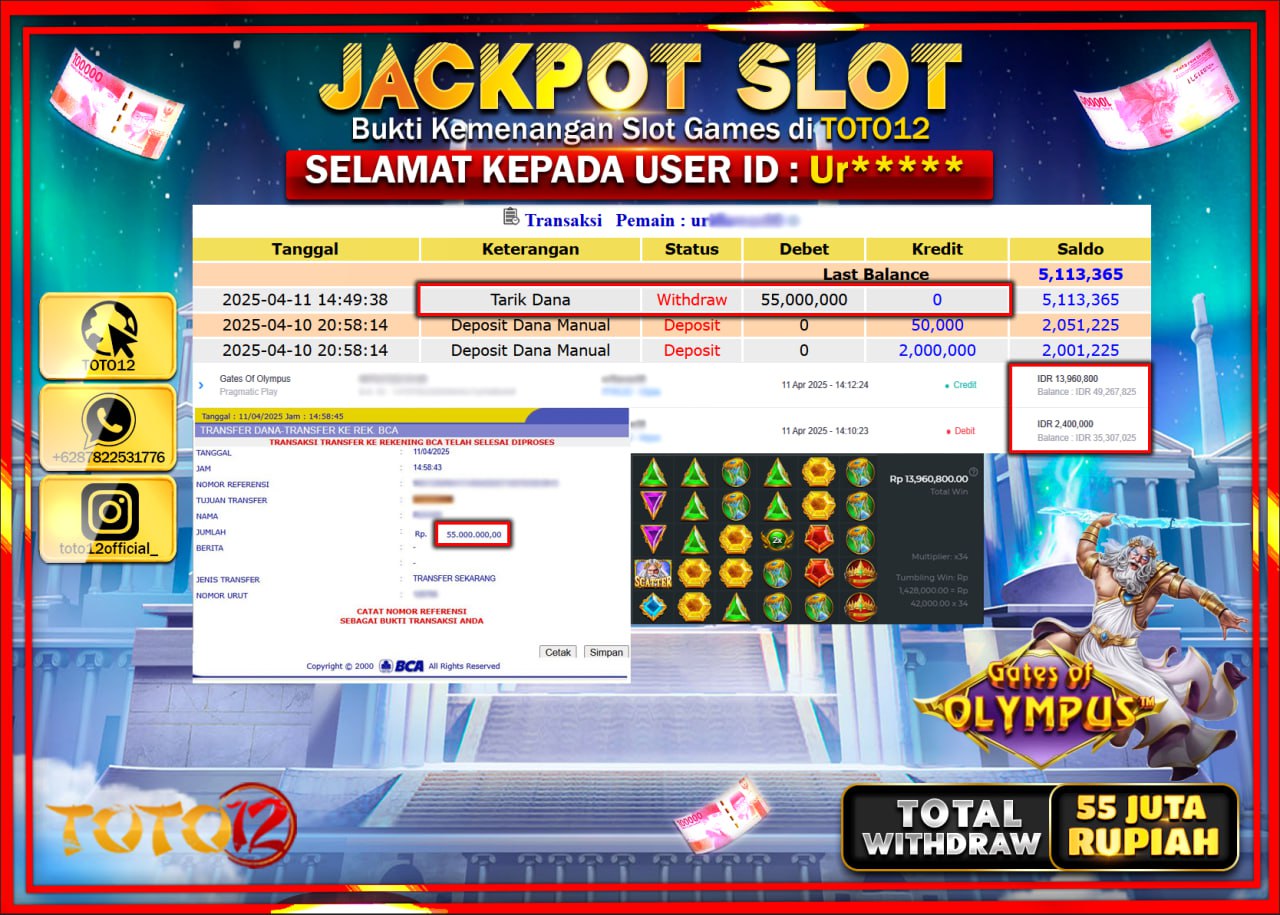 HANYA DI TOTO12 JP PASTI DI BAYAR LUNAS DAN CEPAT!!!!!! JACKPOT SLOT GAME (GATES OF OLYMPUS) Rp.55.000.000 !!!!