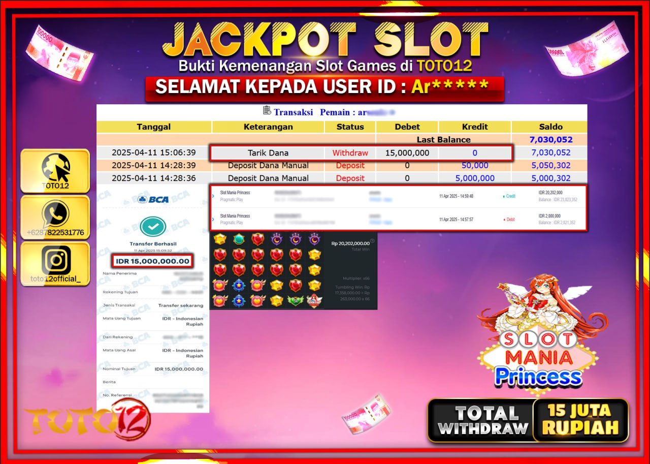 HANYA DI TOTO12 JP PASTI DI BAYAR LUNAS DAN CEPAT!!!!!! JACKPOT SLOT GAME (SLOT MANIA PRINCESS) Rp.15.000.000 !!!!