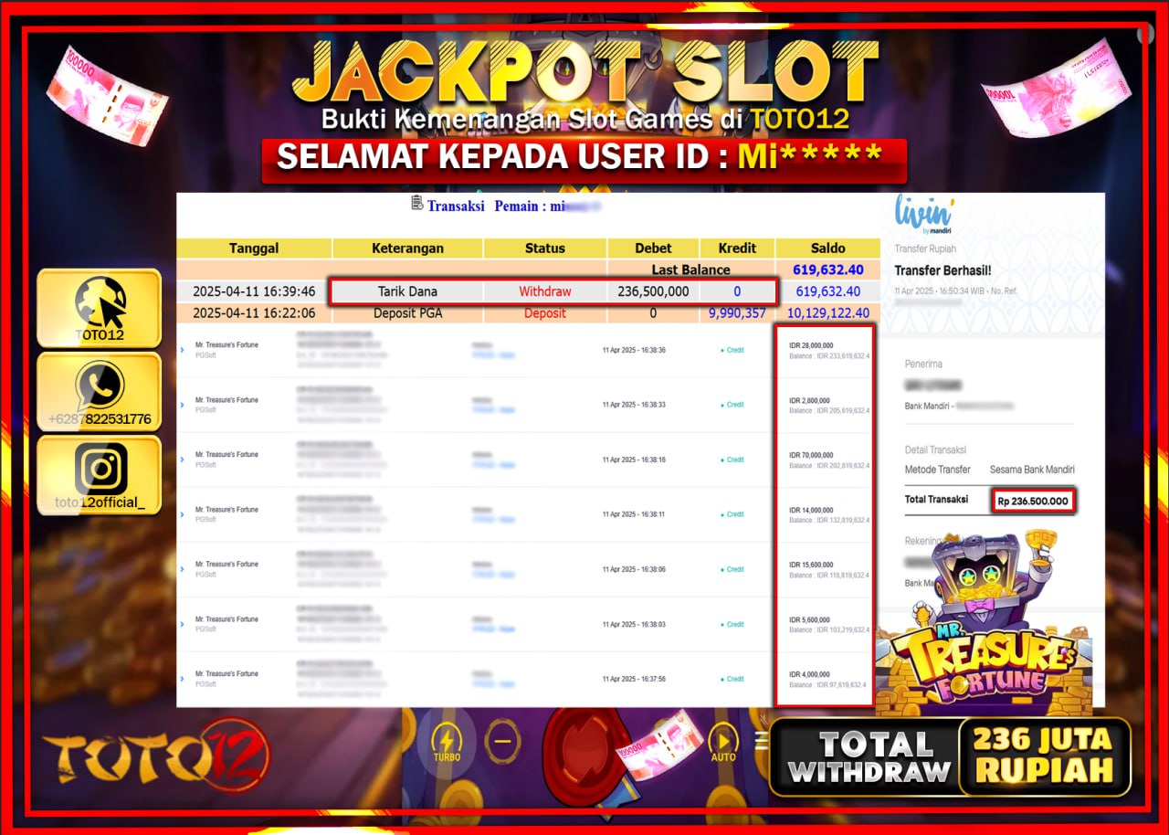 HANYA DI TOTO12 JP PASTI DI BAYAR LUNAS DAN CEPAT!!!!!! JACKPOT SLOT GAME (MR TREASURES FORTUNE) Rp.236.000.000 !!!!