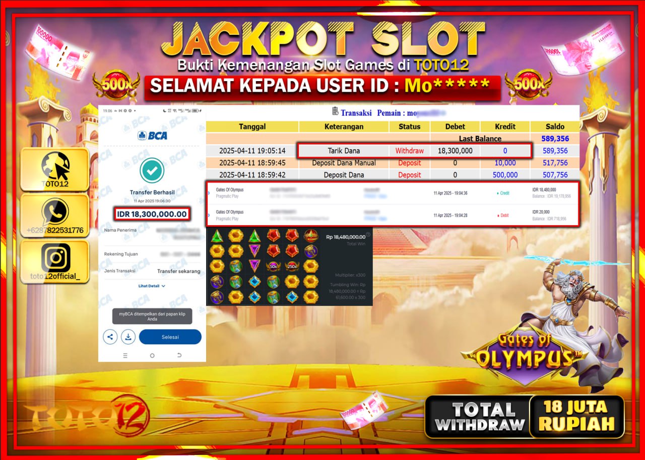 HANYA DI TOTO12 JP PASTI DI BAYAR LUNAS DAN CEPAT!!!!!! JACKPOT SLOT GAME (GATES OF OLYMPUS) Rp.18.000.000 !!!!