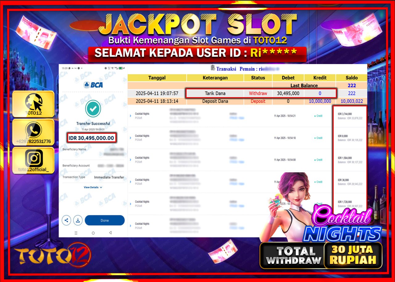 HANYA DI TOTO12 JP PASTI DI BAYAR LUNAS DAN CEPAT!!!!!! JACKPOT SLOT GAME (QOCKTAIL NIGHTS) Rp.30.000.000 !!!!