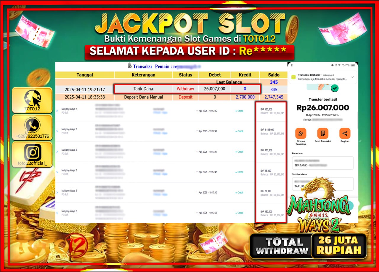 HANYA DI TOTO12 JP PASTI DI BAYAR LUNAS DAN CEPAT!!!!!! JACKPOT SLOT GAME (MAHJONG WAYS 2) Rp.26.000.000 !!!!