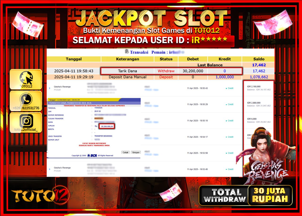 HANYA DI TOTO12 JP PASTI DI BAYAR LUNAS DAN CEPAT!!!!!! JACKPOT SLOT GAME (GEISHAS REVENGE) Rp.30.000.000 !!!!