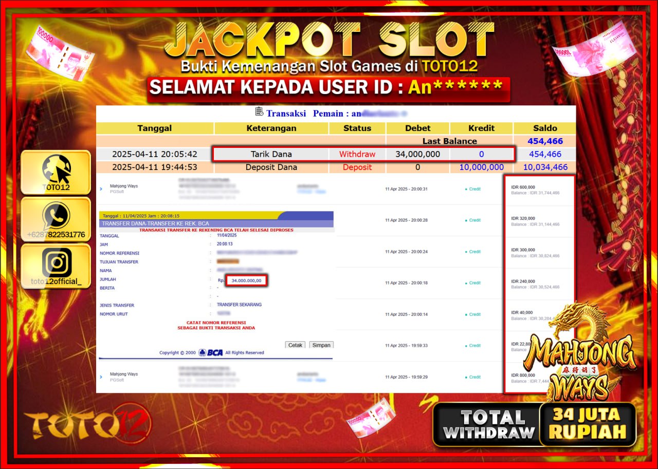 HANYA DI TOTO12 JP PASTI DI BAYAR LUNAS DAN CEPAT!!!!!! JACKPOT SLOT GAME (MAHJONG WAYS) Rp.34.000.000 !!!!