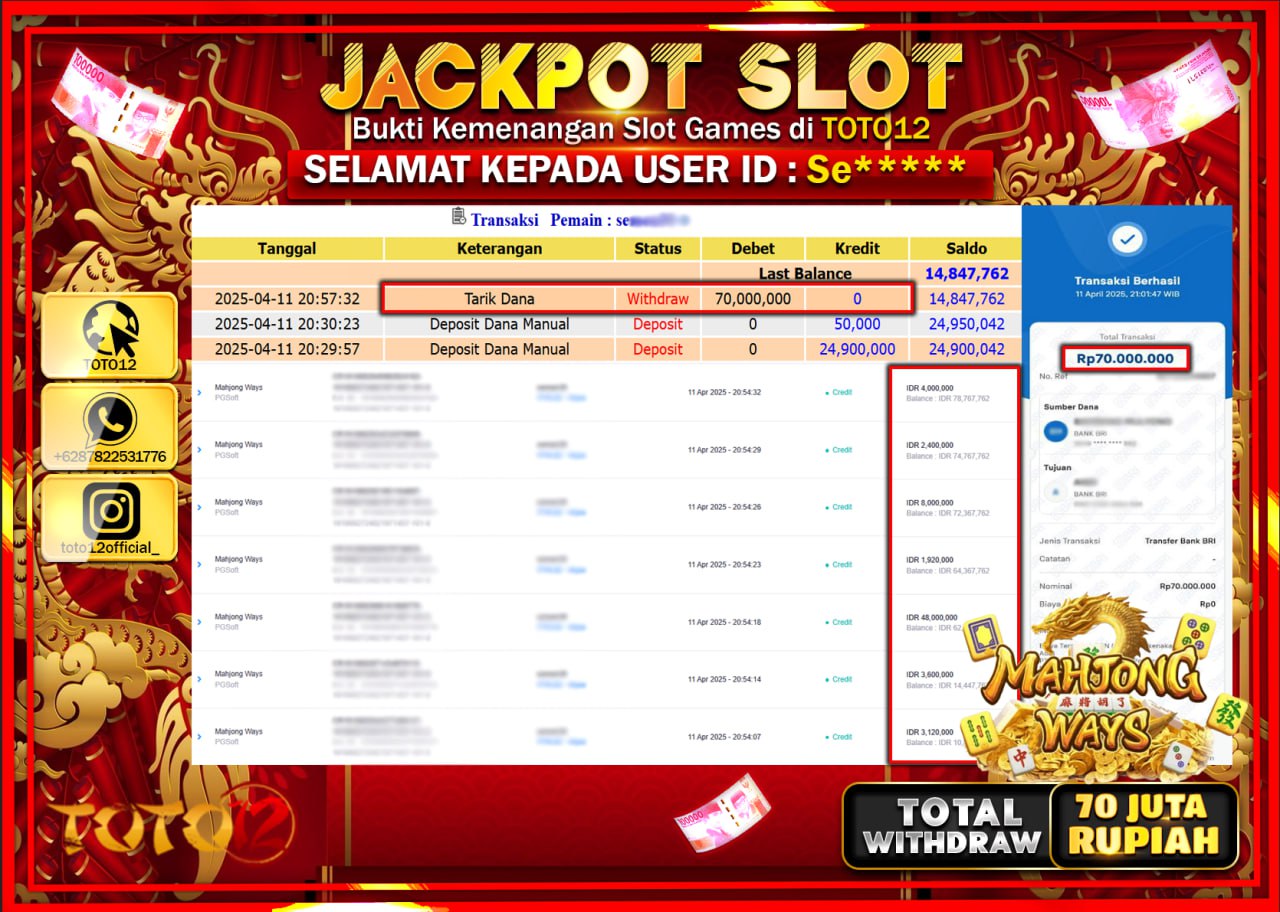 HANYA DI TOTO12 JP PASTI DI BAYAR LUNAS DAN CEPAT!!!!!! JACKPOT SLOT GAME (MAHJONG WAYS) Rp.70.000.000 !!!!