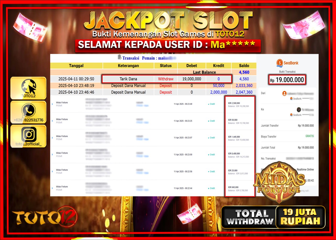 HANYA DI TOTO12 JP PASTI DI BAYAR LUNAS DAN CEPAT!!!!!! JACKPOT SLOT GAME (MIDAS FORTUNE) Rp.19.000.000 !!!!