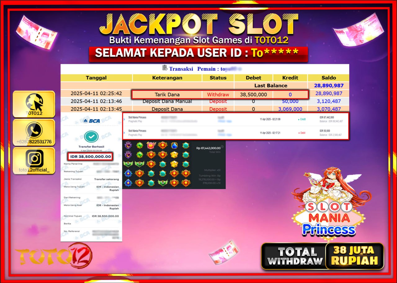 HANYA DI TOTO12 JP PASTI DI BAYAR LUNAS DAN CEPAT!!!!!! JACKPOT SLOT GAME (SLOT MANIA PRINCESS) Rp.38.000.000 !!!!