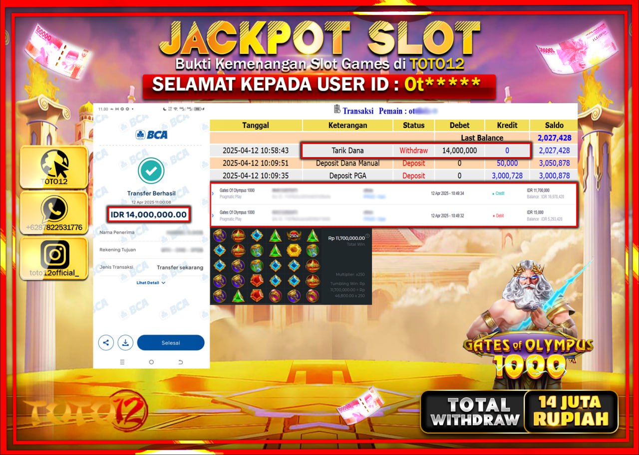 HANYA DI TOTO12 JP PASTI DI BAYAR LUNAS DAN CEPAT!!!!!! JACKPOT SLOT GAME (GATES OF OLYMPUS 1000) Rp.14.000.000 !!!!