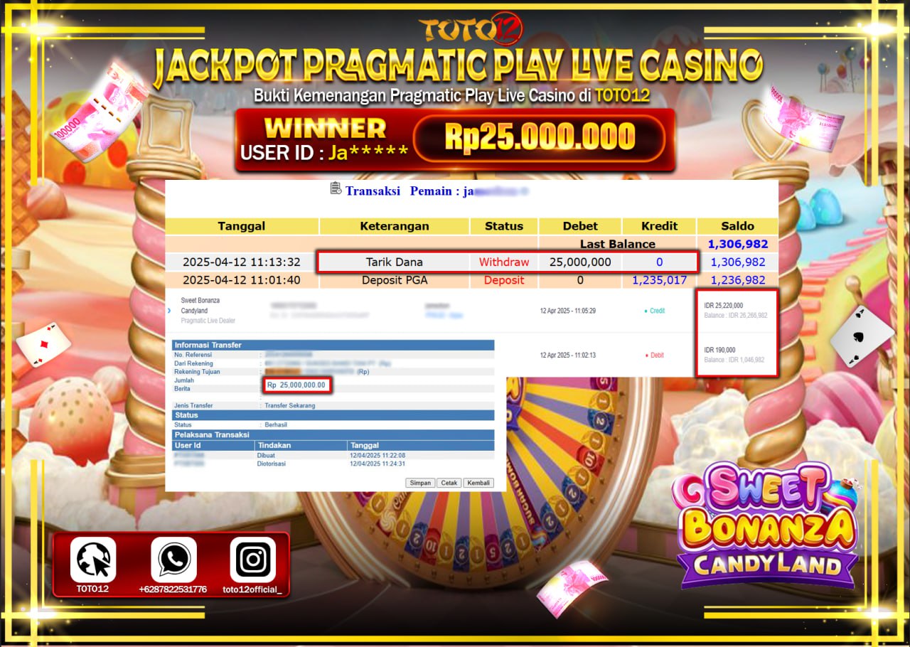 HANYA DI TOTO12 JP PASTI DI BAYAR LUNAS DAN CEPAT!!!!!! JACKPOT PRAGMATIC PLAY LIVE CASINO (SWEET BONANZA CANDY LAND) Rp.25.000.000 !!!!