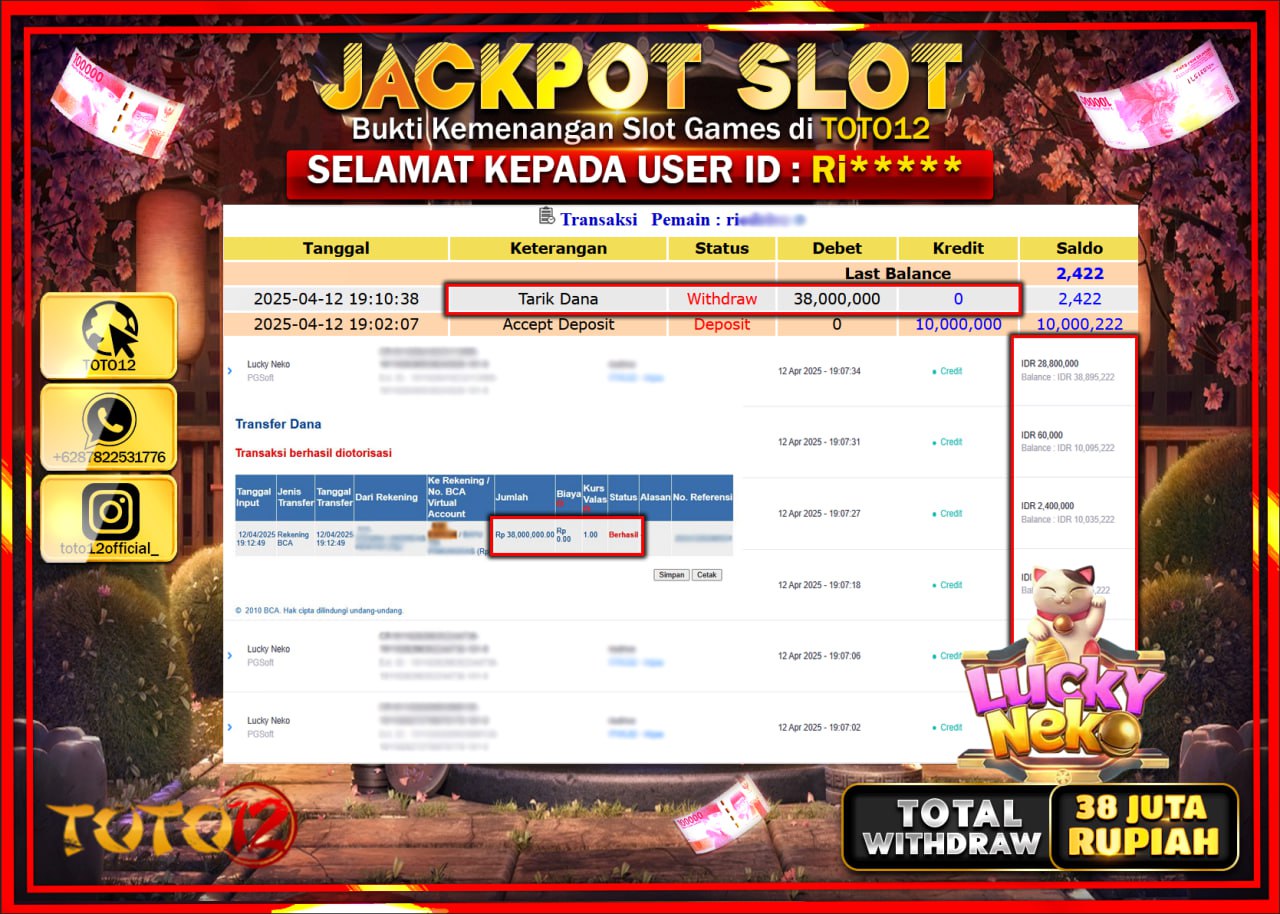 HANYA DI TOTO12 JP PASTI DI BAYAR LUNAS DAN CEPAT!!!!!! JACKPOT SLOT GAME (LUCKY NEKO) Rp.38.000.000 !!!!